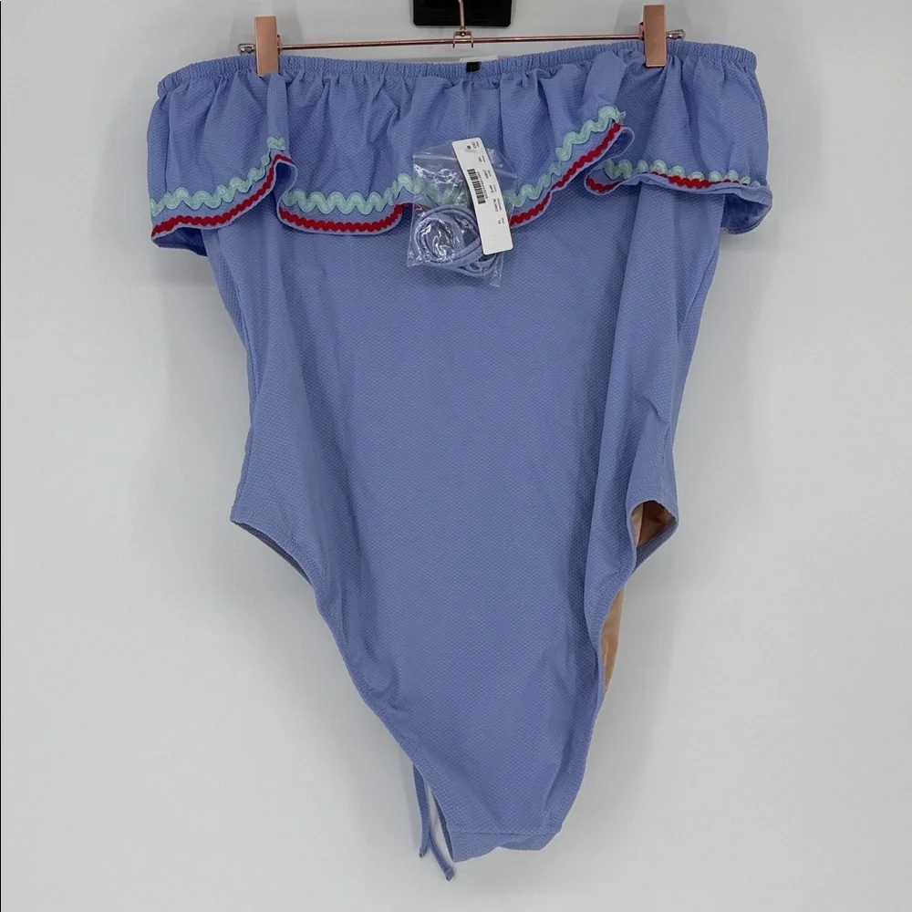 J.Crew Off-Shoulder One Piece Swimsuit Size 16 NWT Ric Rac Trim Blue Ruffle